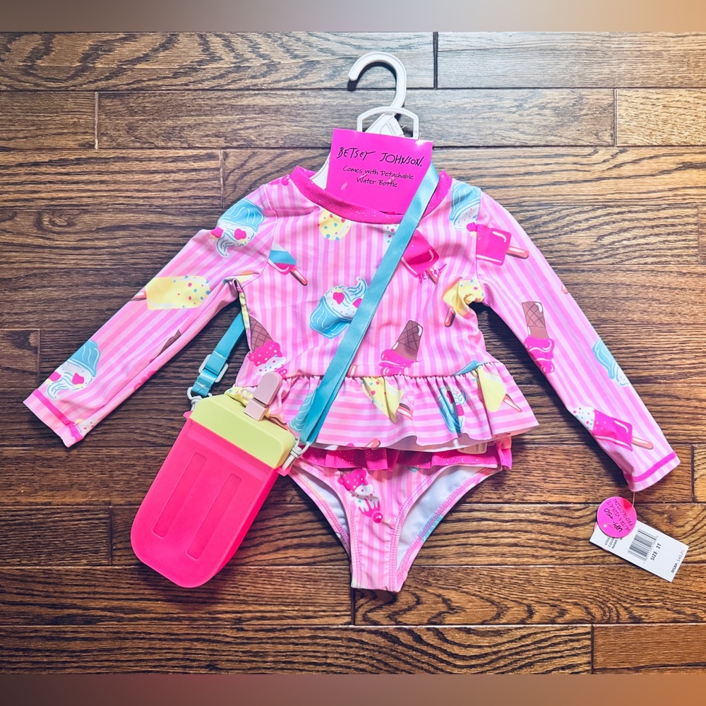 Betsey Johnson Pink Ice Cream Long-Sleeve Swim Set with Crossbody Drink